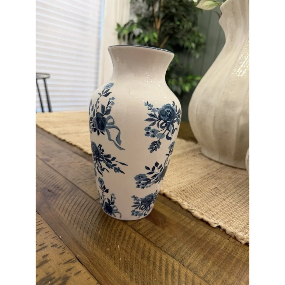 Blue White Floral Ceramic Vase Chinoiserie Spring Home Decor 9” NEW